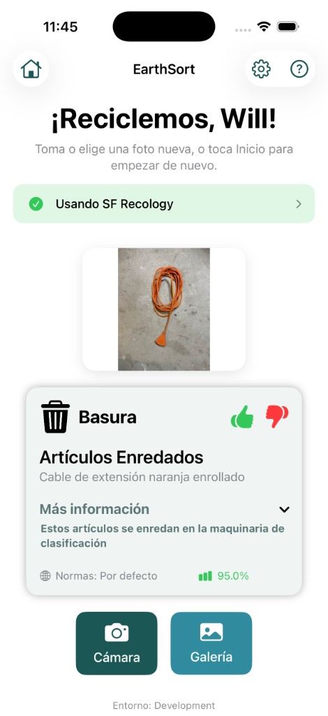 EarthSort results screen in Spanish